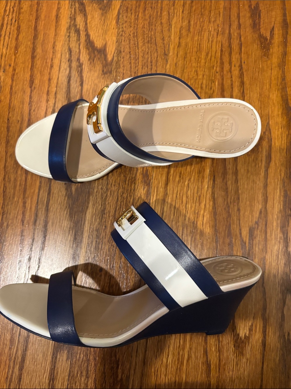 Tory Burch Navy and White Double Strap Logo Slide Mules - Picture 3 of 4